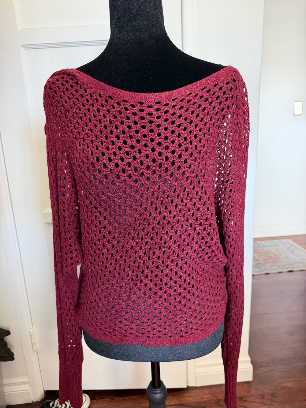 Express Open-Knit Off-the-Shoulder Sweater - Wine